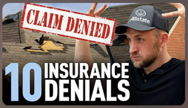 Roof Insurer with Allstate hat has his hands up in the air as if denying covering a roof insurance claim.